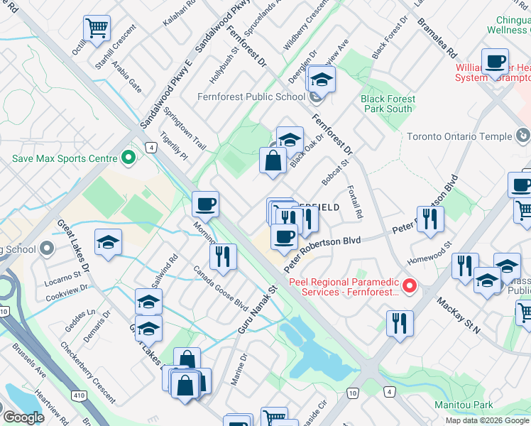 map of restaurants, bars, coffee shops, grocery stores, and more near 63 Blue Spruce Street in Brampton