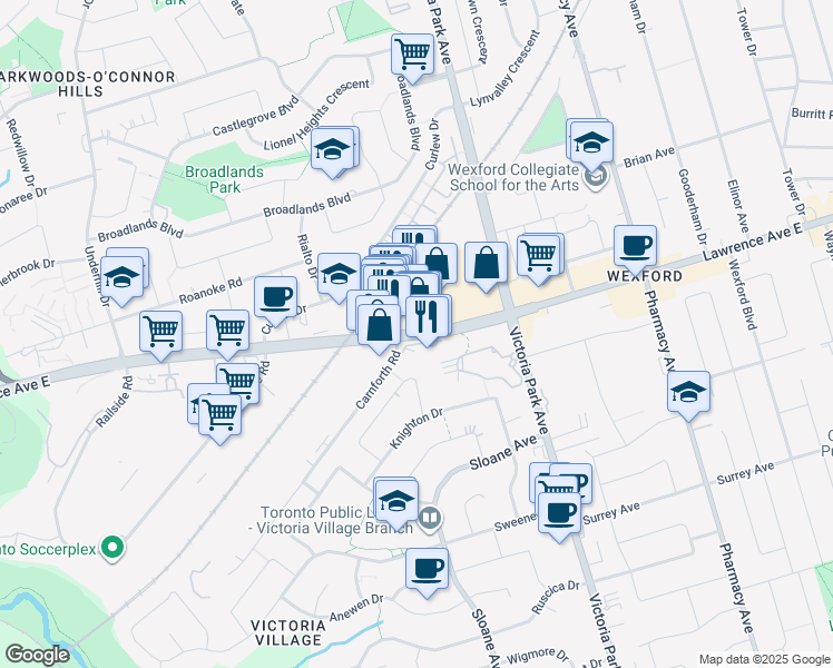 map of restaurants, bars, coffee shops, grocery stores, and more near in Toronto