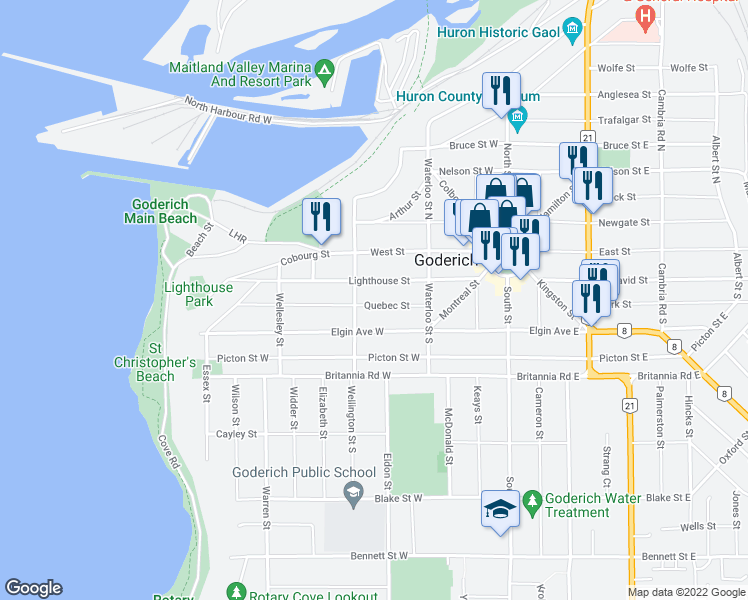 map of restaurants, bars, coffee shops, grocery stores, and more near 122 Quebec Street in Goderich