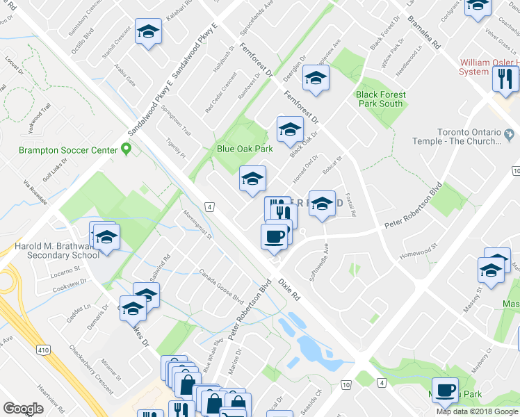 map of restaurants, bars, coffee shops, grocery stores, and more near 63 Blue Spruce Street in Brampton