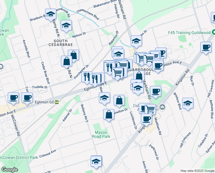 map of restaurants, bars, coffee shops, grocery stores, and more near 3111 Eglinton Avenue East in Toronto