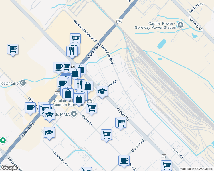 map of restaurants, bars, coffee shops, grocery stores, and more near 10 Nevets Road in Brampton
