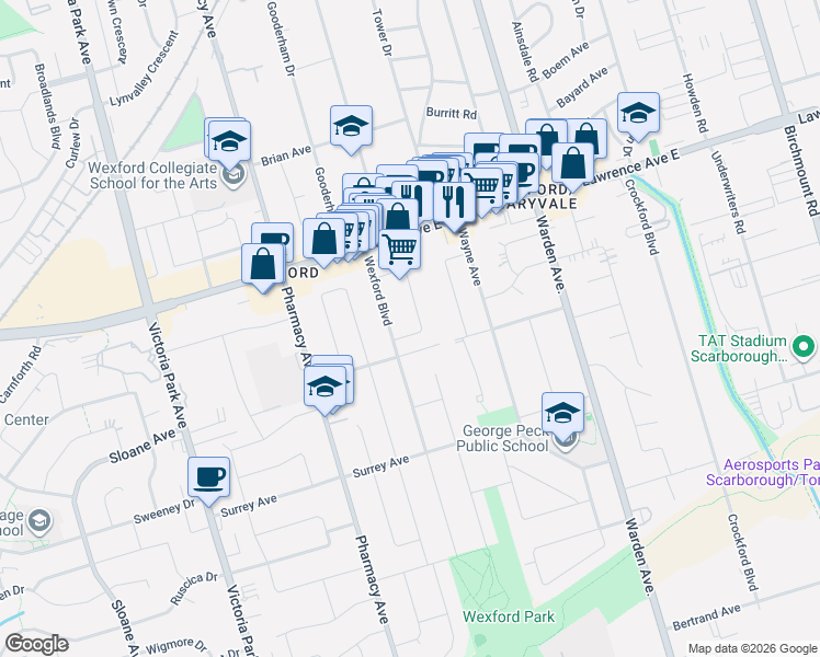 map of restaurants, bars, coffee shops, grocery stores, and more near 6 Laxford Avenue in Toronto