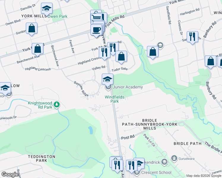 map of restaurants, bars, coffee shops, grocery stores, and more near 2460a Bayview Avenue in Toronto