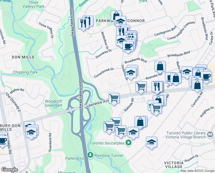 map of restaurants, bars, coffee shops, grocery stores, and more near 10 Roanoke Road in Toronto