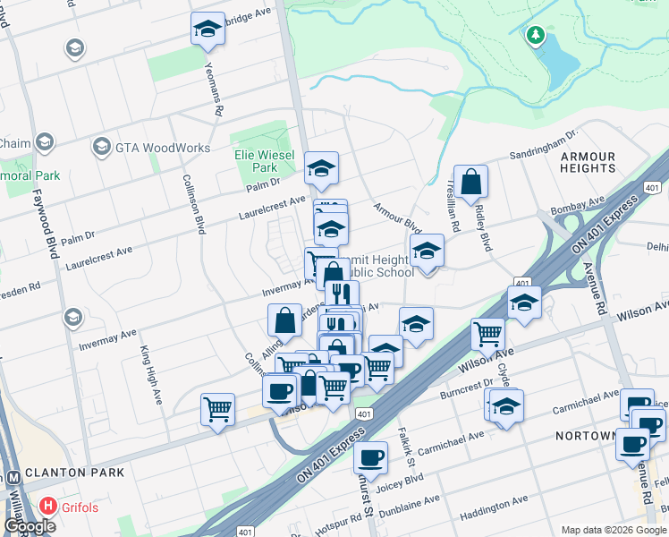 map of restaurants, bars, coffee shops, grocery stores, and more near in Toronto