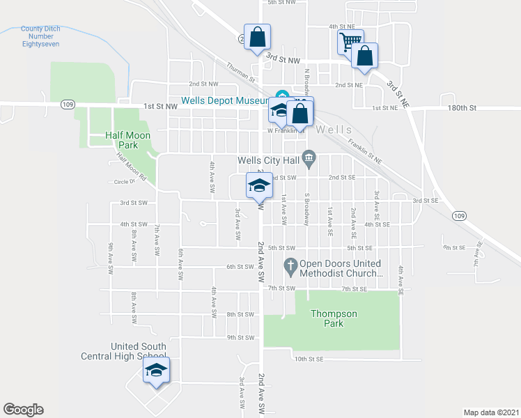 map of restaurants, bars, coffee shops, grocery stores, and more near 330 2nd Avenue Southwest in Wells