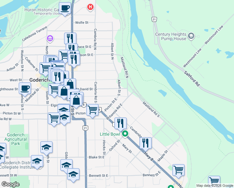 map of restaurants, bars, coffee shops, grocery stores, and more near 44 Albert Street South in Goderich
