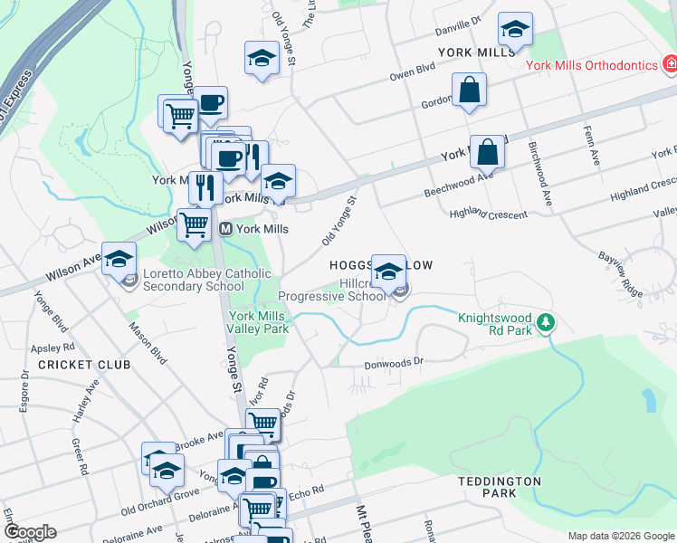 map of restaurants, bars, coffee shops, grocery stores, and more near 32 Brookfield Road in Toronto