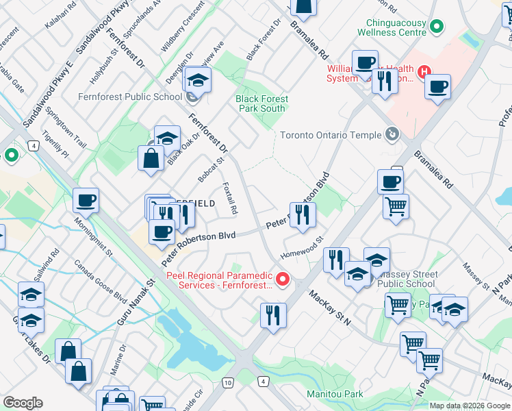 map of restaurants, bars, coffee shops, grocery stores, and more near 171 Fernforest Drive in Brampton