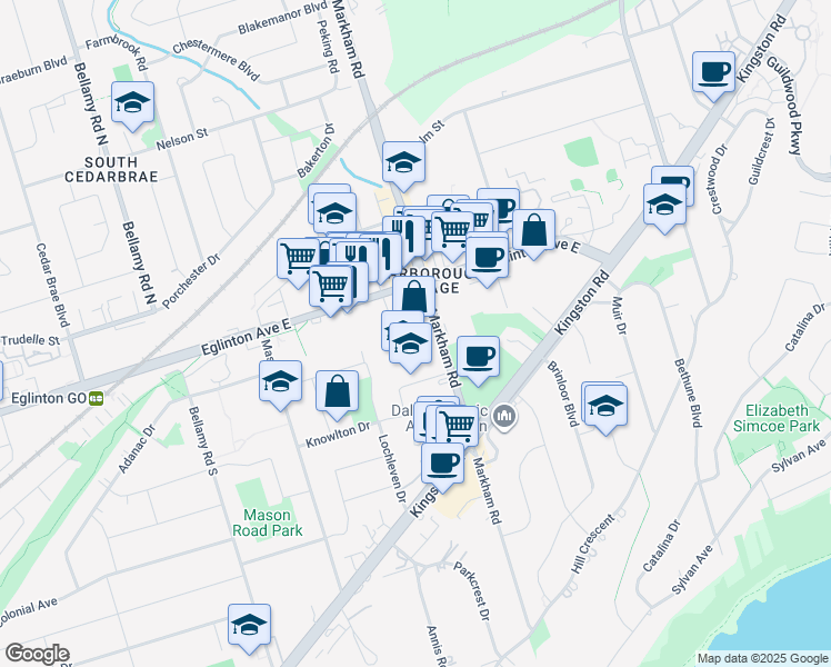 map of restaurants, bars, coffee shops, grocery stores, and more near 180 Markham Road in Toronto