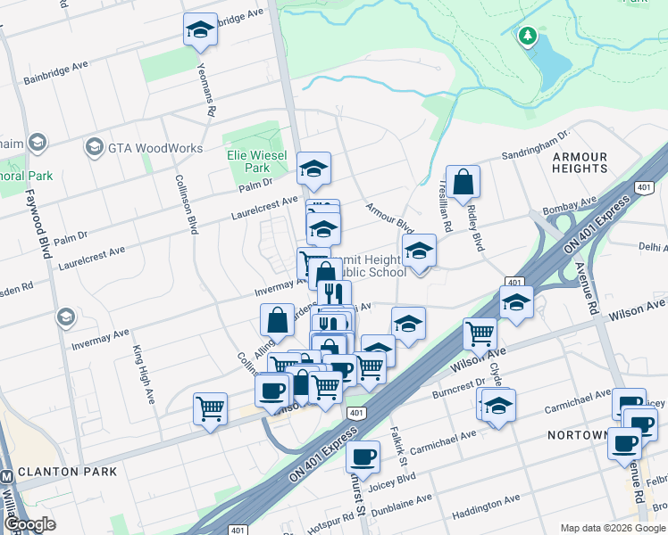 map of restaurants, bars, coffee shops, grocery stores, and more near 43 Edinburgh Drive in Toronto
