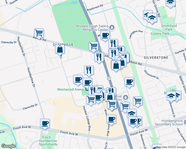 map of restaurants, bars, coffee shops, grocery stores, and more near in Toronto