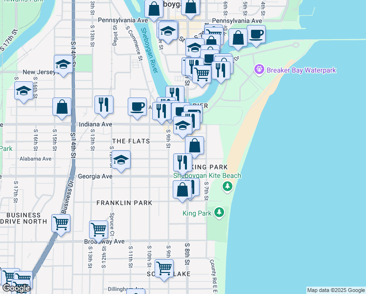 map of restaurants, bars, coffee shops, grocery stores, and more near 1208 South 8th Street in Sheboygan