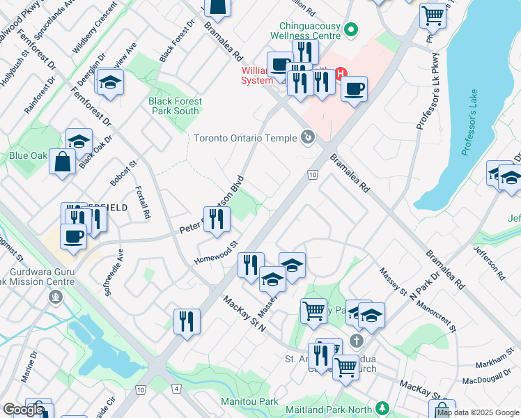 map of restaurants, bars, coffee shops, grocery stores, and more near 29 Upwood Place in Brampton