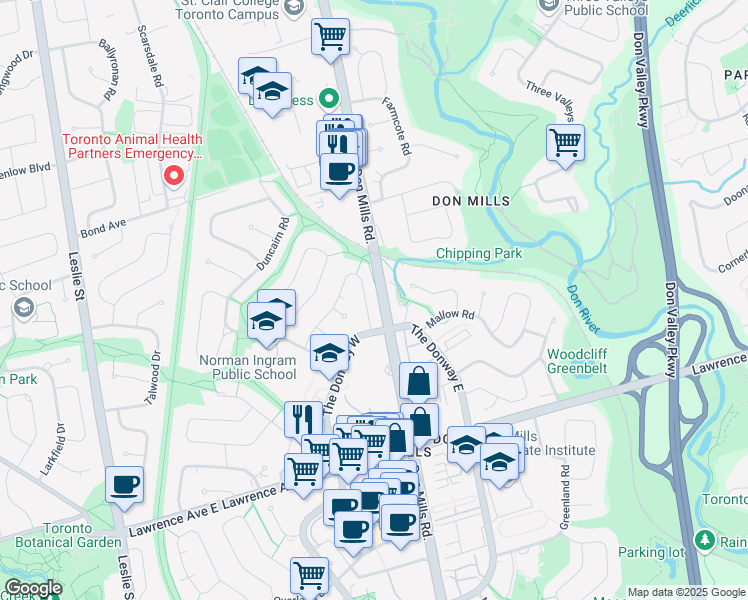 map of restaurants, bars, coffee shops, grocery stores, and more near 64 Overton Crescent in Toronto