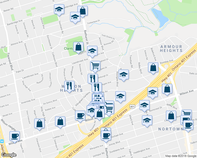 map of restaurants, bars, coffee shops, grocery stores, and more near 43 Edinburgh Drive in Toronto