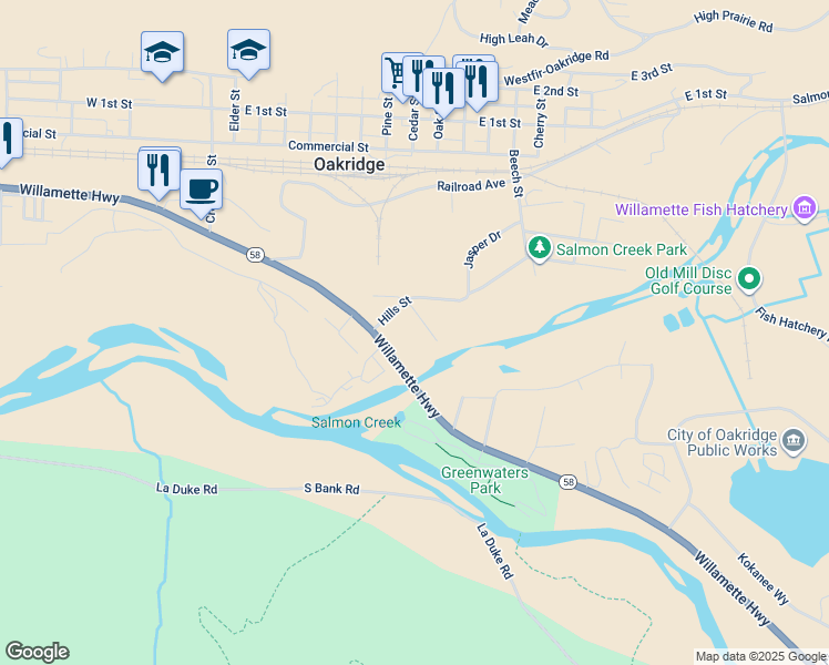 map of restaurants, bars, coffee shops, grocery stores, and more near 48260 Y Drive in Oakridge