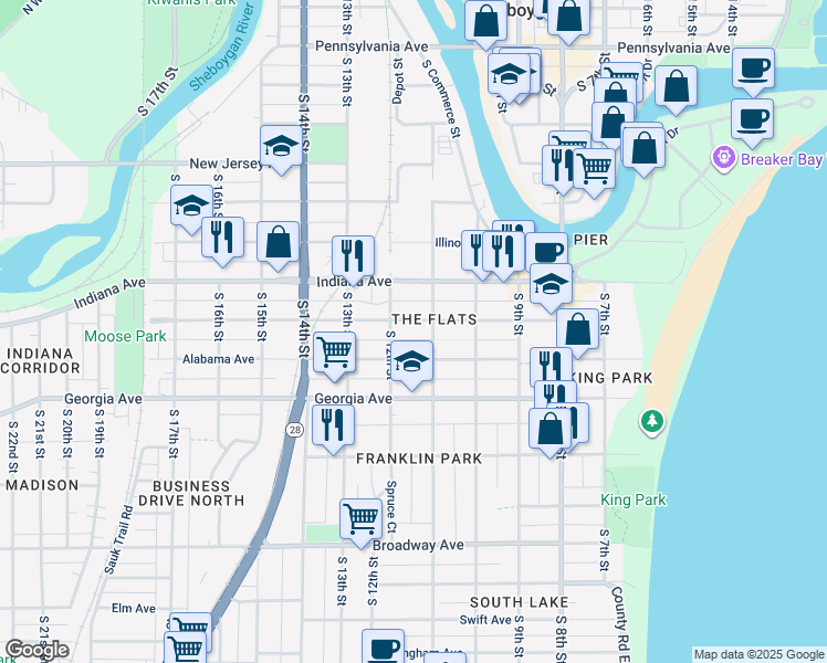 map of restaurants, bars, coffee shops, grocery stores, and more near in Sheboygan