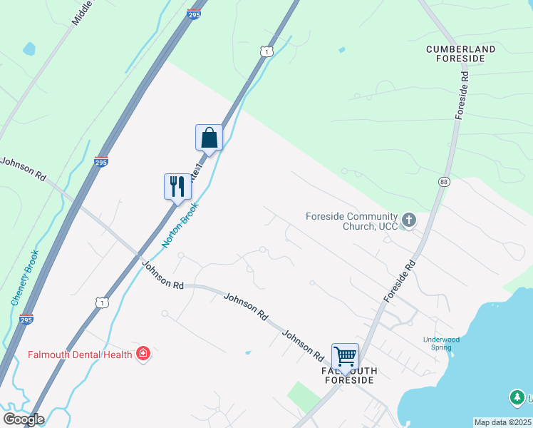 map of restaurants, bars, coffee shops, grocery stores, and more near 114 Underwood Road in Falmouth