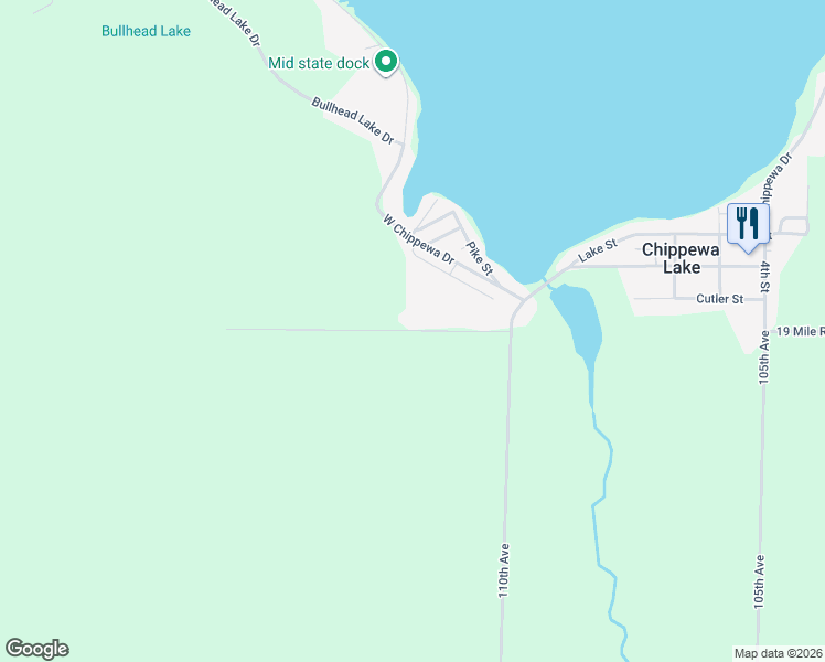 map of restaurants, bars, coffee shops, grocery stores, and more near 11206 19 Mile Road in Chippewa Lake