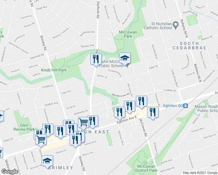 map of restaurants, bars, coffee shops, grocery stores, and more near 70 Pringdale Gardens Circle in Toronto