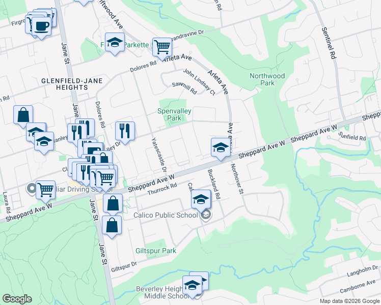map of restaurants, bars, coffee shops, grocery stores, and more near 37 Markay Street in Toronto