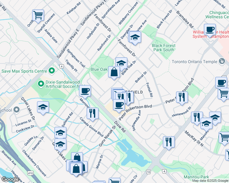 map of restaurants, bars, coffee shops, grocery stores, and more near 63 Blue Spruce Street in Brampton