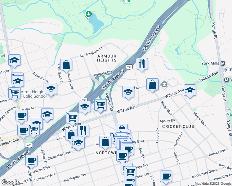 map of restaurants, bars, coffee shops, grocery stores, and more near 2181 Avenue Road in Toronto