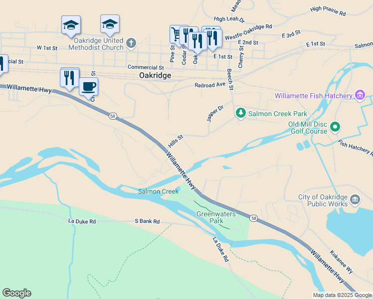 map of restaurants, bars, coffee shops, grocery stores, and more near 48260 Y Drive in Oakridge