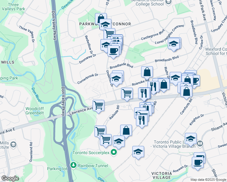 map of restaurants, bars, coffee shops, grocery stores, and more near 10 Roanoke Road in Toronto
