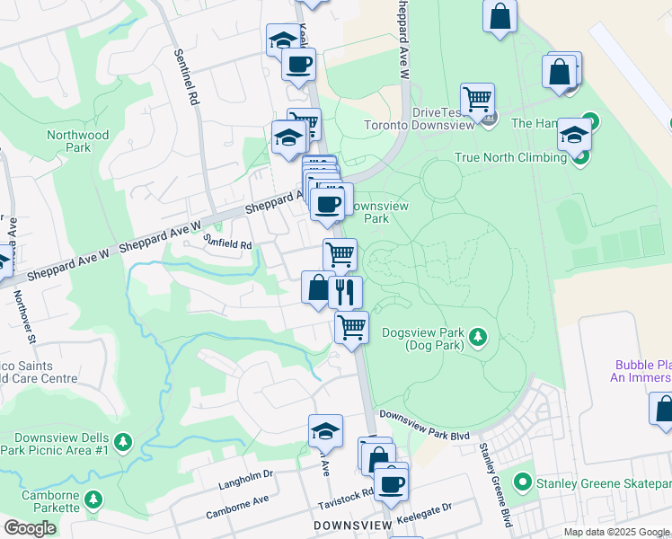 map of restaurants, bars, coffee shops, grocery stores, and more near 7 Sunfield Road in Toronto
