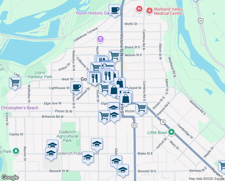map of restaurants, bars, coffee shops, grocery stores, and more near 55 Kingston Street in Goderich