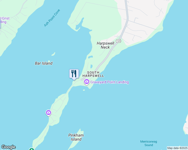 map of restaurants, bars, coffee shops, grocery stores, and more near 1843 Harpswell Neck Road in Harpswell