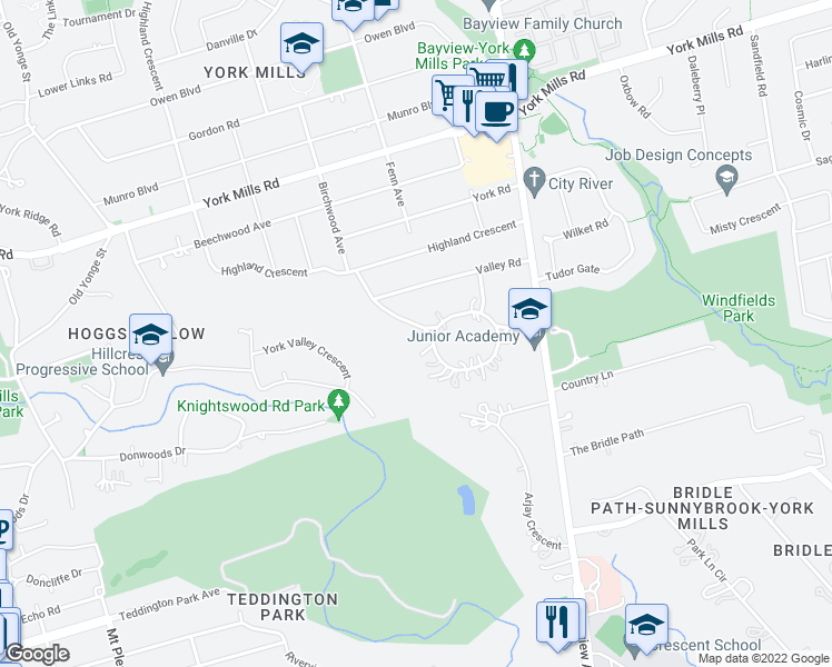 map of restaurants, bars, coffee shops, grocery stores, and more near 55 Bayview Ridge in Toronto