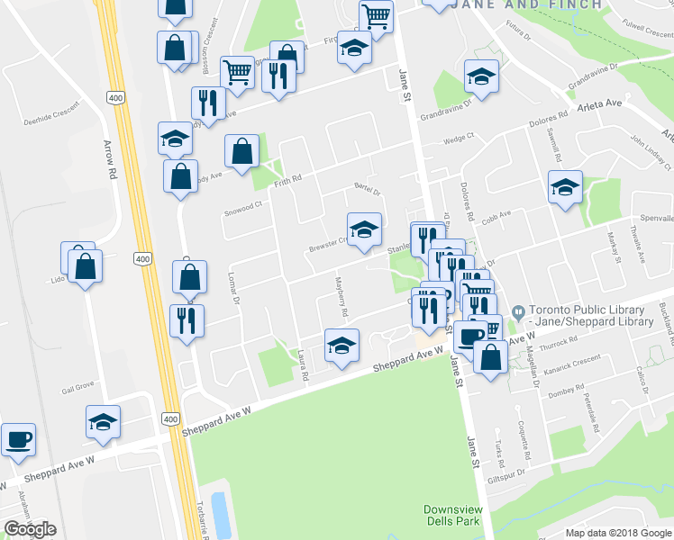 map of restaurants, bars, coffee shops, grocery stores, and more near 21 Mayberry Road in Toronto