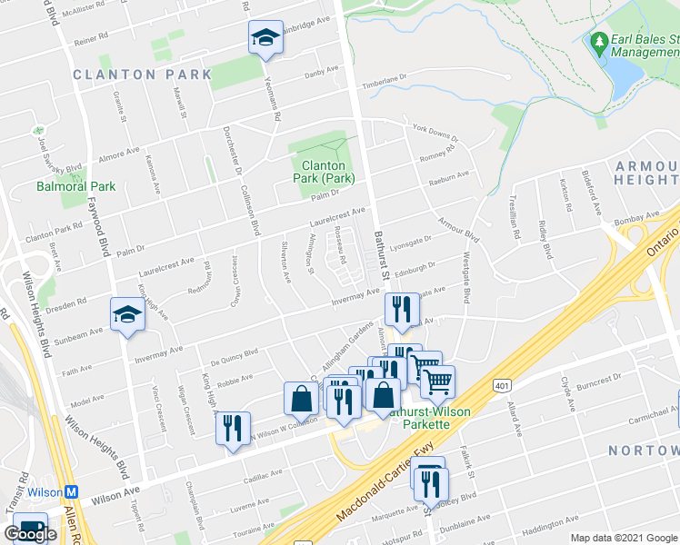 map of restaurants, bars, coffee shops, grocery stores, and more near in Toronto
