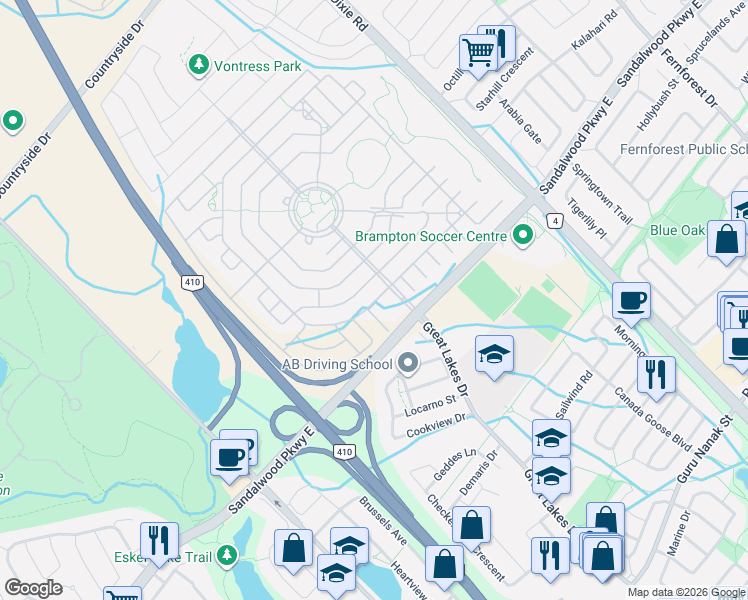 map of restaurants, bars, coffee shops, grocery stores, and more near in Brampton