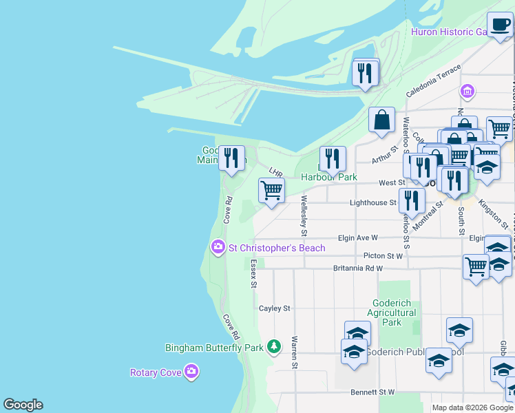 map of restaurants, bars, coffee shops, grocery stores, and more near 1 Harbour Lane in Goderich