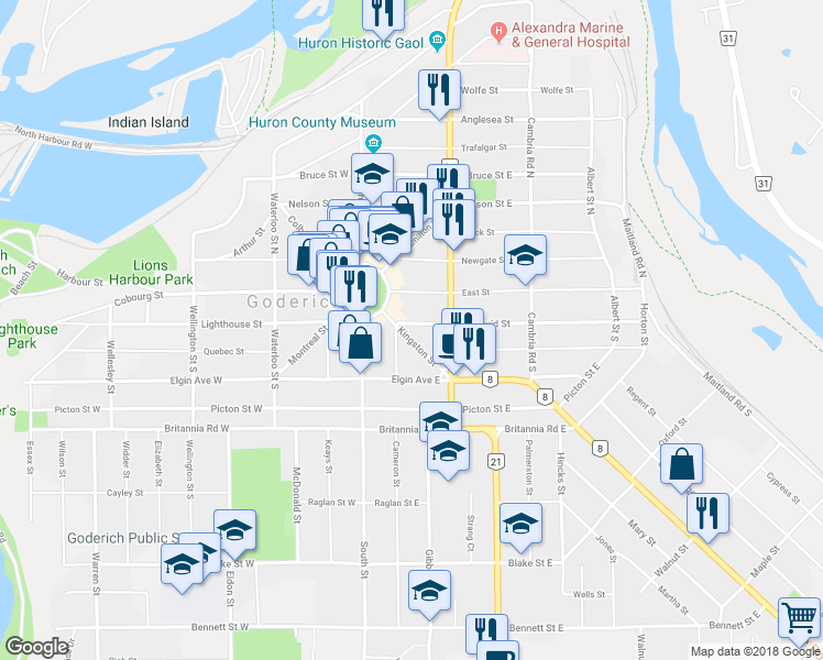 map of restaurants, bars, coffee shops, grocery stores, and more near 51 Kingston Street in Goderich