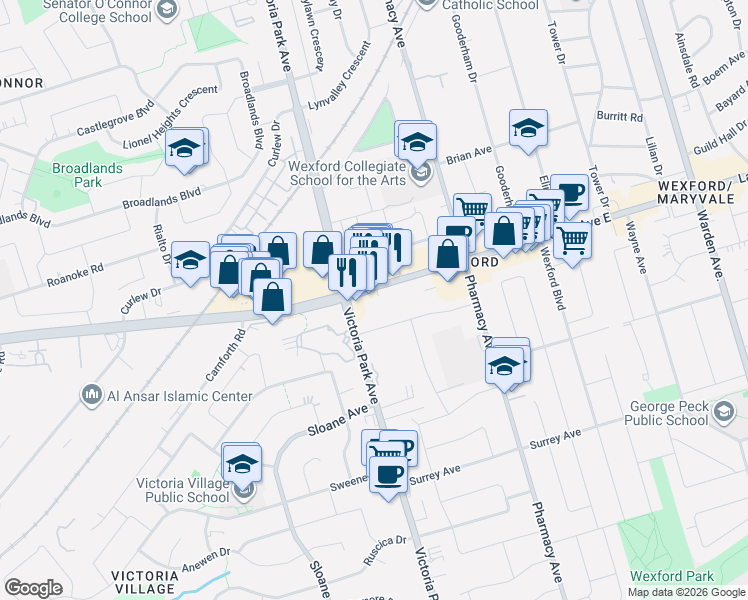 map of restaurants, bars, coffee shops, grocery stores, and more near 1725 Lawrence Avenue East in Toronto