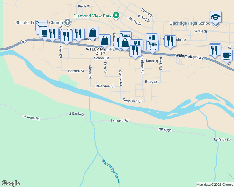 map of restaurants, bars, coffee shops, grocery stores, and more near 76248 Garden Road in Oakridge