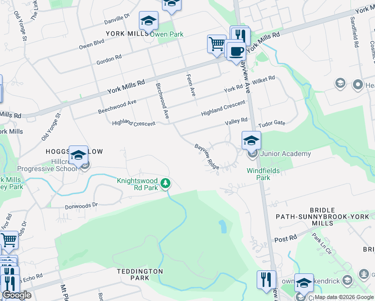 map of restaurants, bars, coffee shops, grocery stores, and more near 35 Bayview Ridge in Toronto