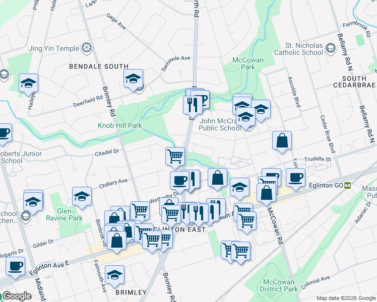 map of restaurants, bars, coffee shops, grocery stores, and more near in Toronto