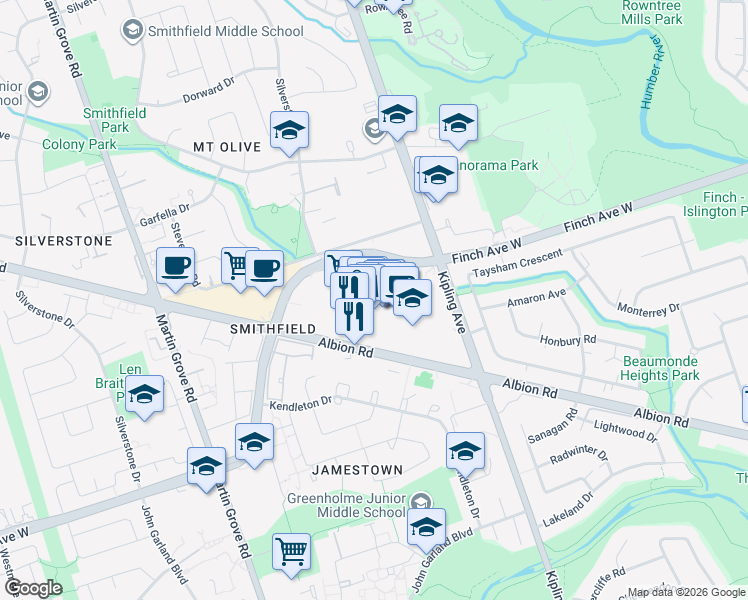 map of restaurants, bars, coffee shops, grocery stores, and more near 1530 Albion Road in Toronto