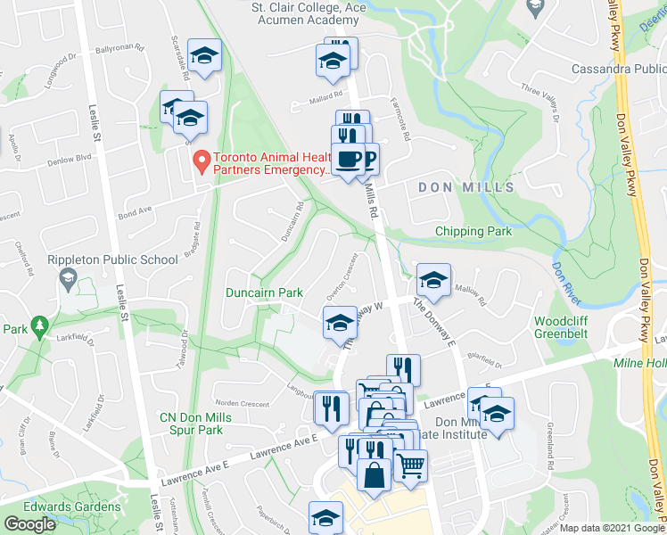 map of restaurants, bars, coffee shops, grocery stores, and more near 80 Berkinshaw Crescent in Toronto