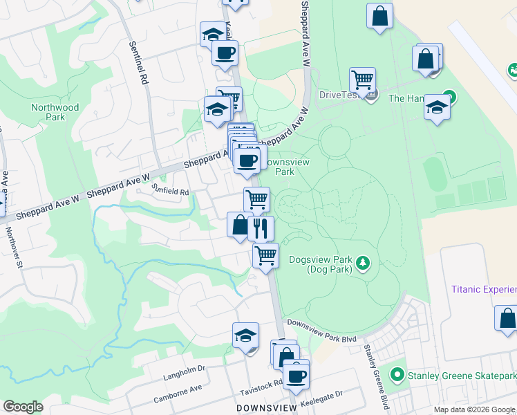 map of restaurants, bars, coffee shops, grocery stores, and more near Keele Street in Toronto