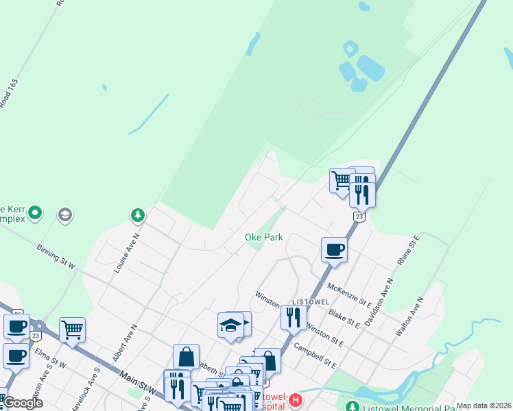 map of restaurants, bars, coffee shops, grocery stores, and more near 365 Rogers Road West in Listowel