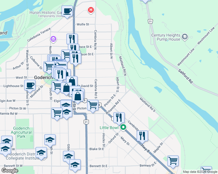 map of restaurants, bars, coffee shops, grocery stores, and more near 225 Picton Street East in Goderich