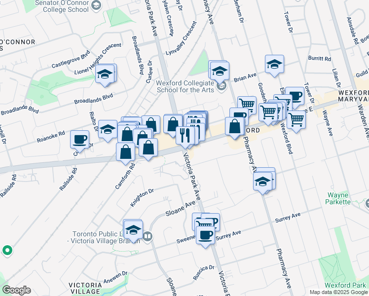 map of restaurants, bars, coffee shops, grocery stores, and more near Lawrence Ave E & Victoria Park Ave in Toronto